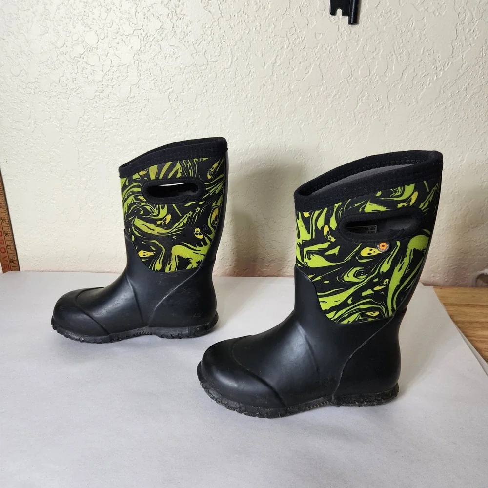 Bogs Kids York Spooky Waterproof Rain Boots Black Neon Green Ghost 72887-009 13
